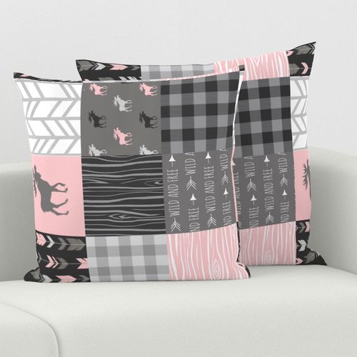 Pink Moose Rotated Wholecloth Patchwork Quilt - pink and grey Baby Girl Woodland