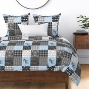 Moose Patchwork Quilt - Wholecloth - Blue, Grey and Black - Buffalo Plaids - Baby Boy Woodland blue and grey