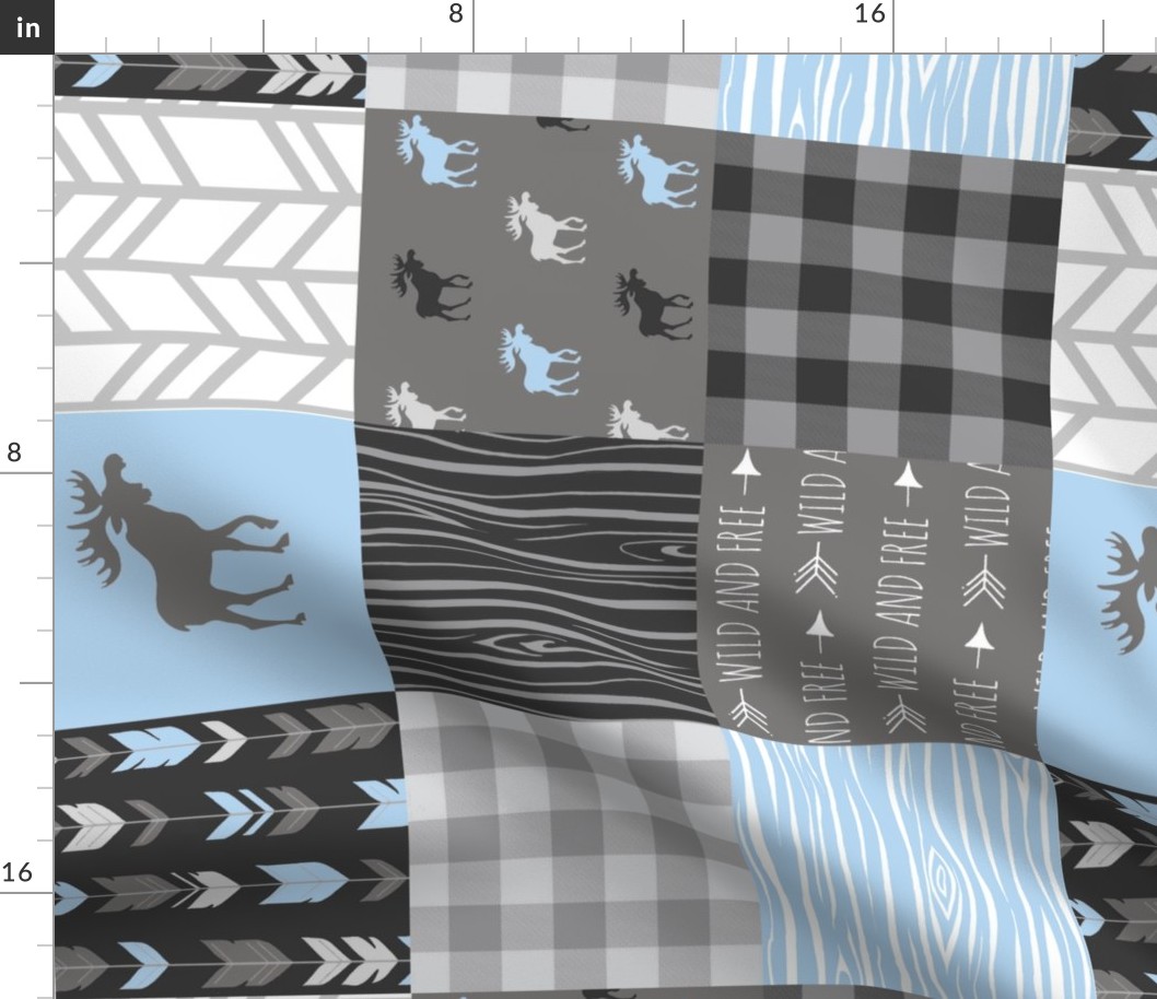 Moose Patchwork Quilt - Wholecloth - Blue, Grey and Black - Buffalo Plaids - Baby Boy Woodland blue and grey