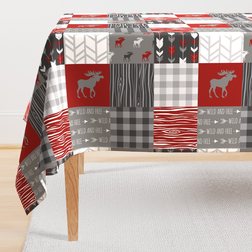 Moose Wholecloth Quilt - red, black, grey and white - Buffalo Plaid, wood, arrows - Wild and Free