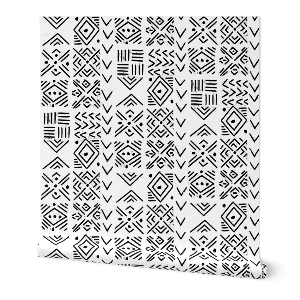 mudcloth inspired fabrics - black and white fabric hand drawn print 