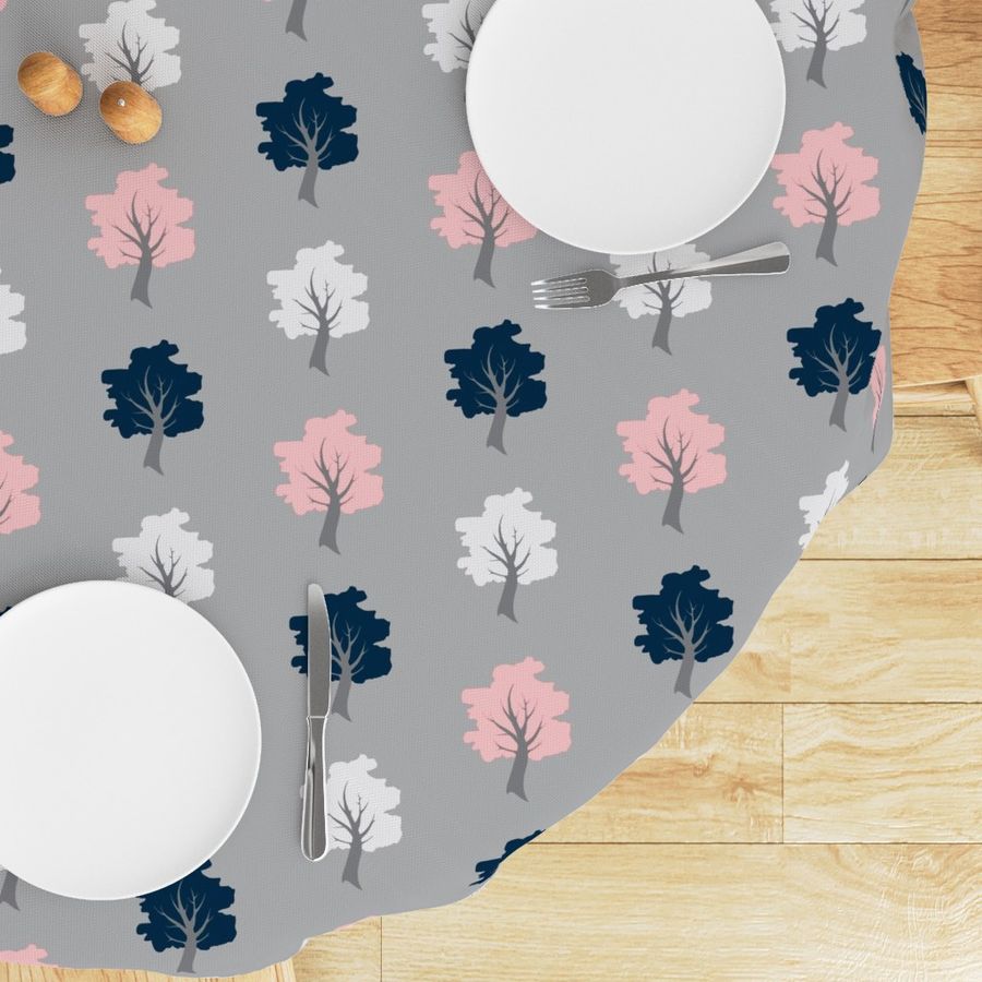 Sweet Trees - Pink, Navy, White on Grey - Forest