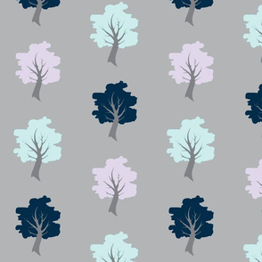 Sweet Trees - navy, lilac and Aqua on grey