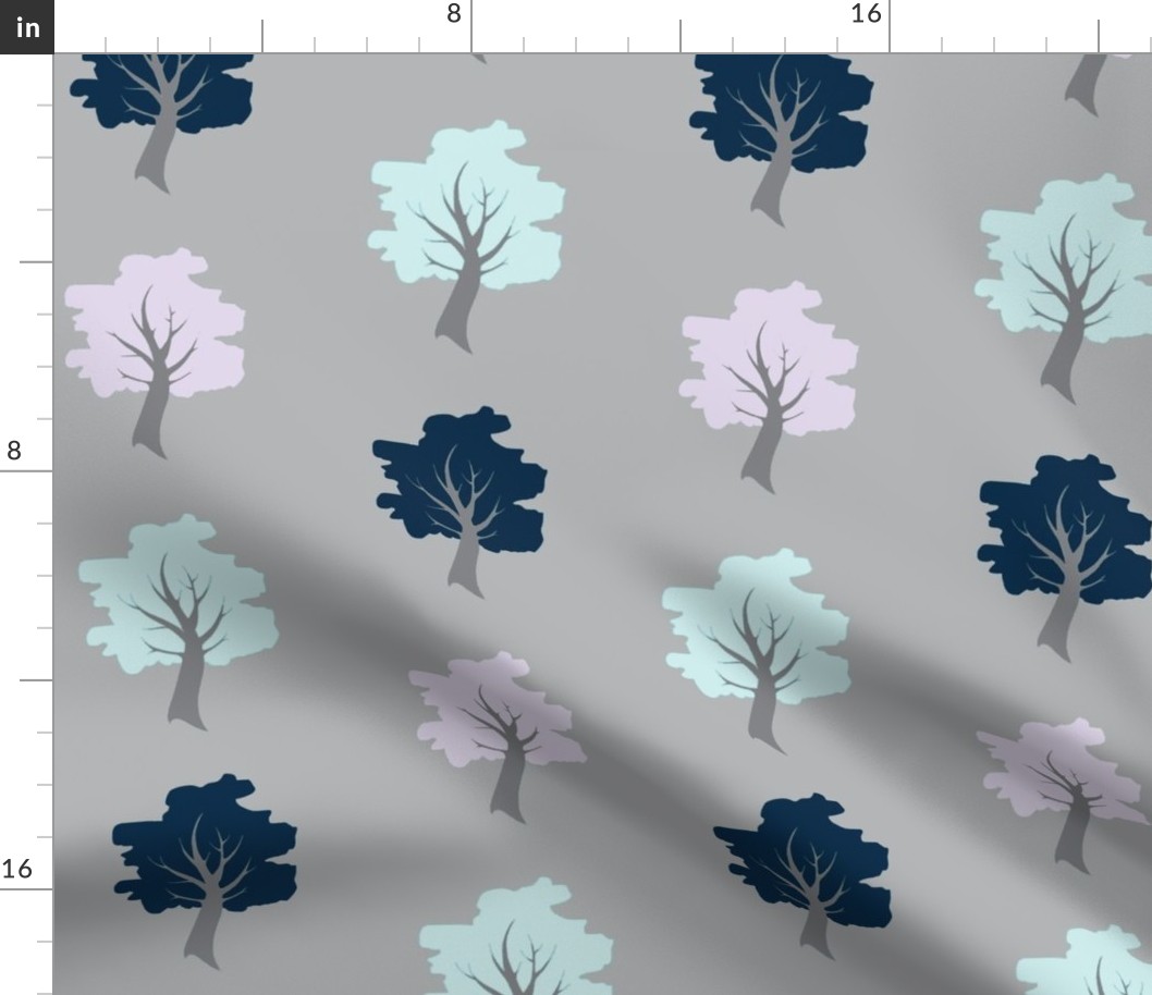 Sweet Trees - navy, lilac and Aqua on grey