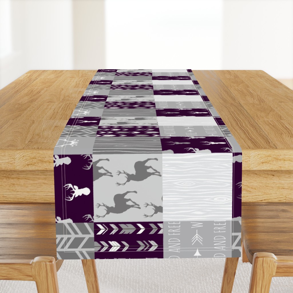 rotated- Wholecloth Quilt - Patchwork Deer in Eggplant and Grey