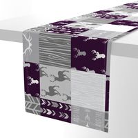 rotated- Wholecloth Quilt - Patchwork Deer in Eggplant and Grey