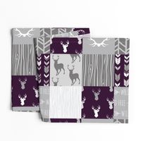 rotated- Wholecloth Quilt - Patchwork Deer in Eggplant and Grey