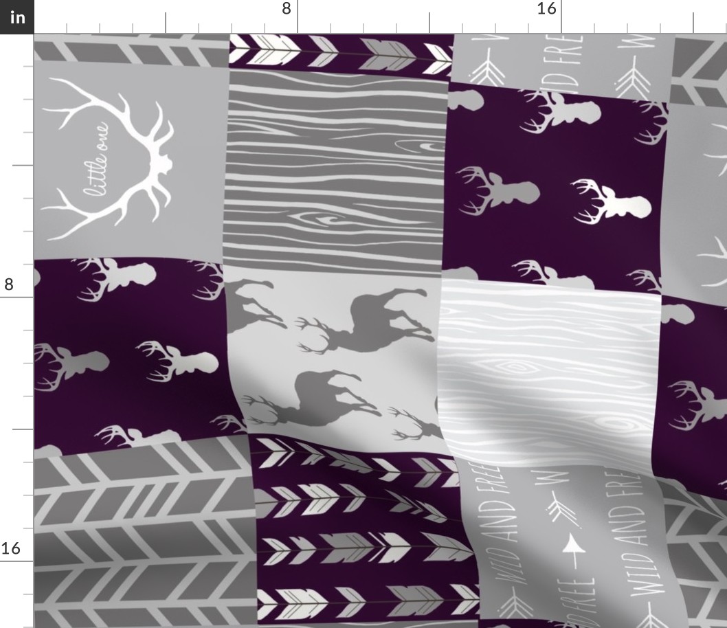 rotated- Wholecloth Quilt - Patchwork Deer in Eggplant and Grey