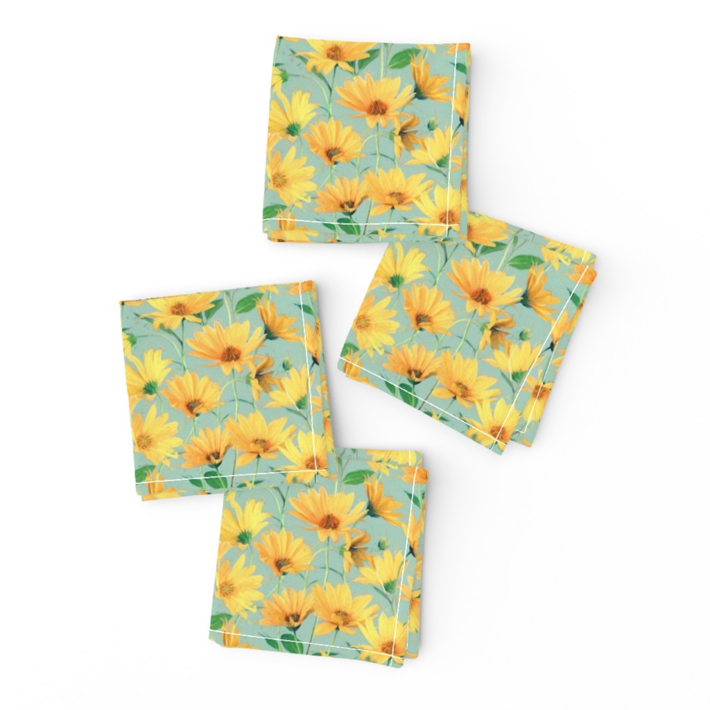 Painted Golden Yellow Daisies on Sage Green Small Version 