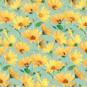 Painted Golden Yellow Daisies on Sage Green Small Version 