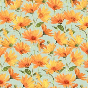 Painted Warm Orange Daisies on grey green small version