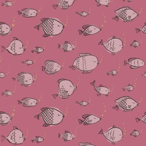 Aquarium Lullaby - Fishes on Pink with Yellow Bubbles