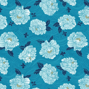 Indigo Woodcut Peonies