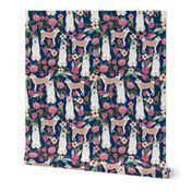 akita floral fabric dogs and florals flowers fabric - navy