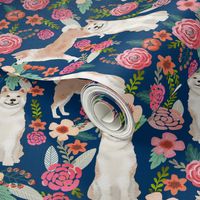 akita floral fabric dogs and florals flowers fabric - navy