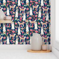 akita floral fabric dogs and florals flowers fabric - navy