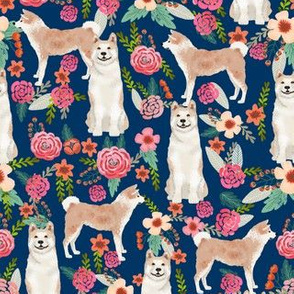 akita floral fabric dogs and florals flowers fabric - navy