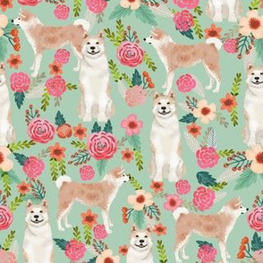 akita floral fabric dogs and florals flowers fabric - mint