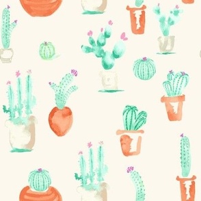 Watercolor Southwest Cactus Succulent || Cream Beige  Terra Cotta Green_Miss Chiff Designs