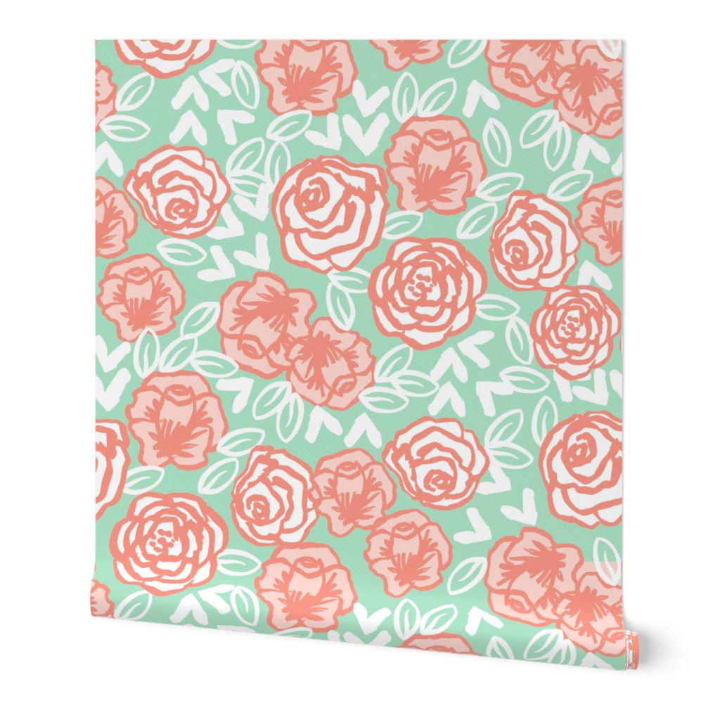 roses fabric // coral and mint nursery fabric roses florals design sweet flowers