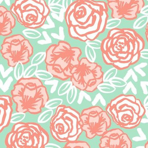 roses fabric // coral and mint nursery fabric roses florals design sweet flowers