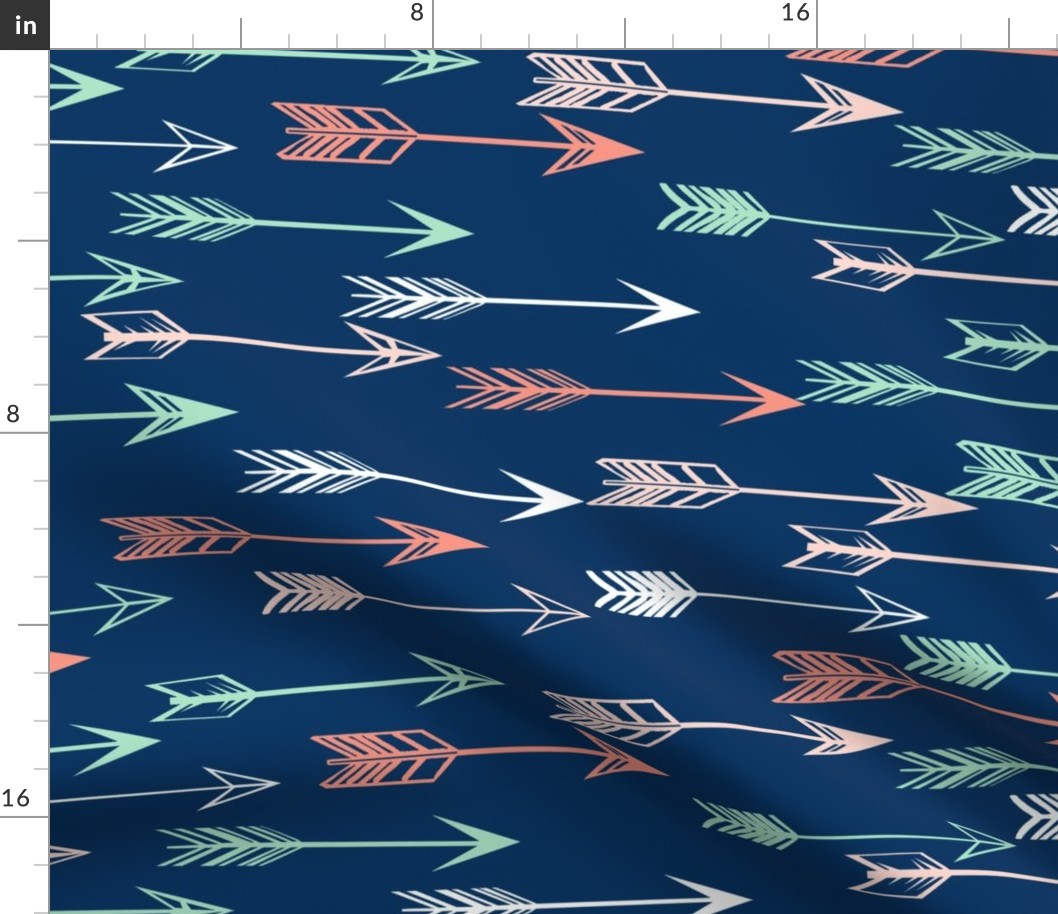 arrows fabric // coral and mint nursery baby girls fabric - navy