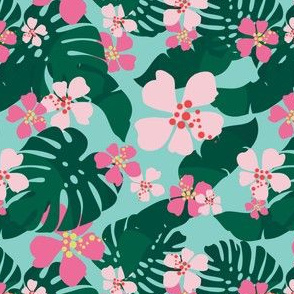 Hawaiian Tropical Palm Leaves + Hibiscus Floral