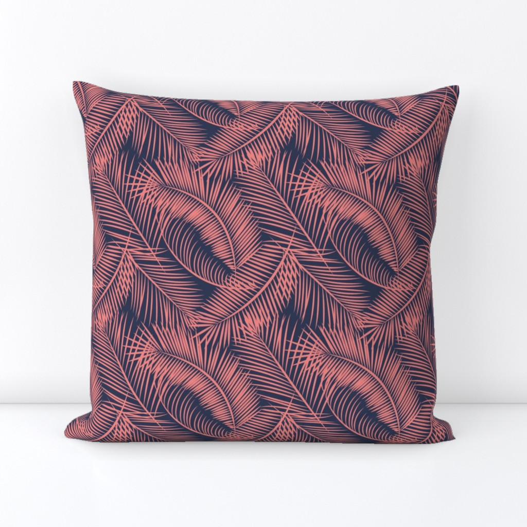 Tropical Palm Leaf Toss in Coral + Navy