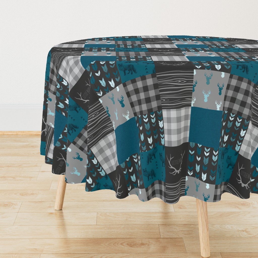 Wholecloth Quilt - Fox and Deer in teal, gray, and black with plaid and arrows