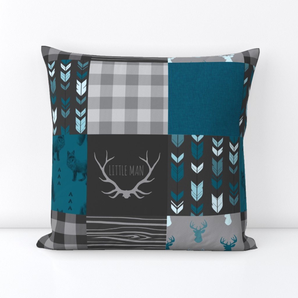 Wholecloth Quilt - Fox and Deer in teal, gray, and black with plaid and arrows