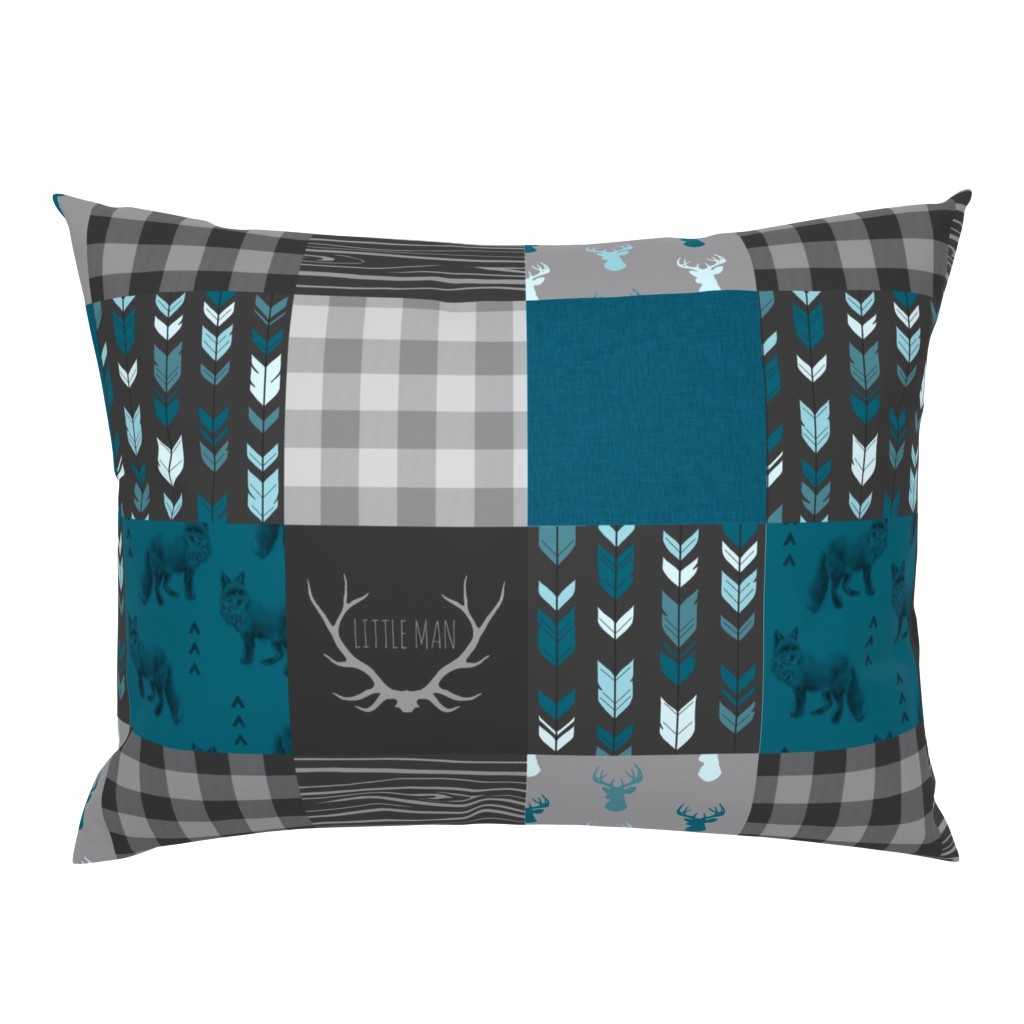 Wholecloth Quilt - Fox and Deer in teal, gray, and black with plaid and arrows