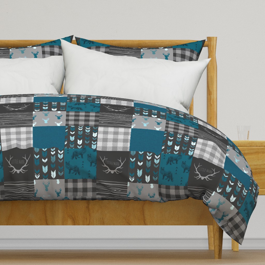 Wholecloth Quilt - Fox and Deer in teal, gray, and black with plaid and arrows