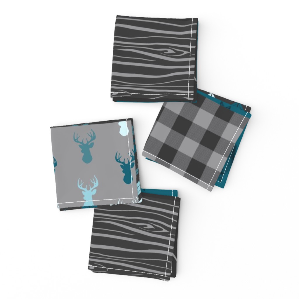 Wholecloth Quilt - Fox and Deer in teal, gray, and black with plaid and arrows