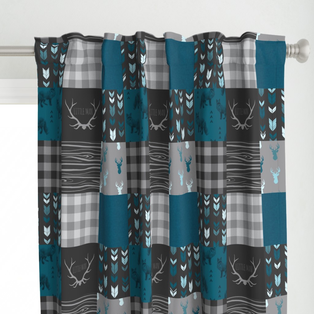 Wholecloth Quilt - Fox and Deer in teal, gray, and black with plaid and arrows