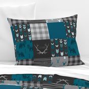 Wholecloth Quilt - Fox and Deer in teal, gray, and black with plaid and arrows