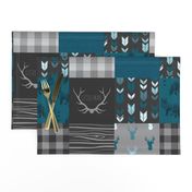 Wholecloth Quilt - Fox and Deer in teal, gray, and black with plaid and arrows