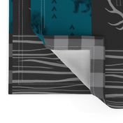 Wholecloth Quilt - Fox and Deer in teal, gray, and black with plaid and arrows