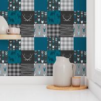 Wholecloth Quilt - Fox and Deer in teal, gray, and black with plaid and arrows