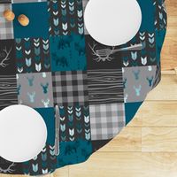 Wholecloth Quilt - Fox and Deer in teal, gray, and black with plaid and arrows