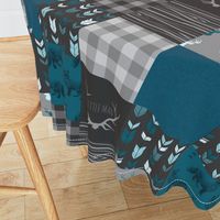 Wholecloth Quilt - Fox and Deer in teal, gray, and black with plaid and arrows