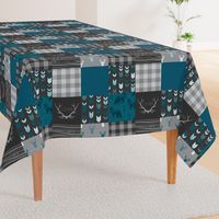 Wholecloth Quilt - Fox and Deer in teal, gray, and black with plaid and arrows