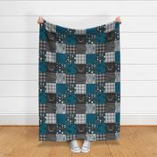 Wholecloth Quilt - Fox and Deer in teal, gray, and black with plaid and arrows