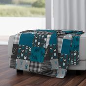 Wholecloth Quilt - Fox and Deer in teal, gray, and black with plaid and arrows