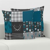 Wholecloth Quilt - Fox and Deer in teal, gray, and black with plaid and arrows