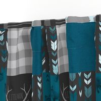 Wholecloth Quilt - Fox and Deer in teal, gray, and black with plaid and arrows