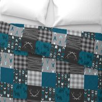 Wholecloth Quilt - Fox and Deer in teal, gray, and black with plaid and arrows