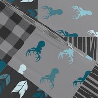 Wholecloth Quilt - Fox and Deer in teal, gray, and black with plaid and arrows