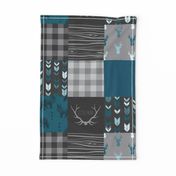 Wholecloth Quilt - Fox and Deer in teal, gray, and black with plaid and arrows