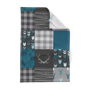 Wholecloth Quilt - Fox and Deer in teal, gray, and black with plaid and arrows