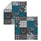 Wholecloth Quilt - Fox and Deer in teal, gray, and black with plaid and arrows